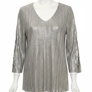 Silver Metallic Pleated V-Neck Long Sleeve Top
